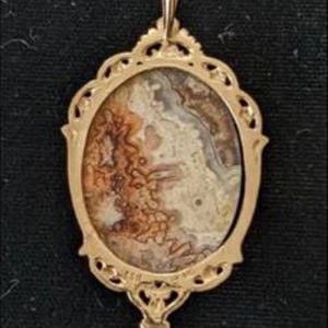 14KT SOLID GOLD 70’s Vintage KBN Kabana Victorian Style Crazy Lace Agate Pend