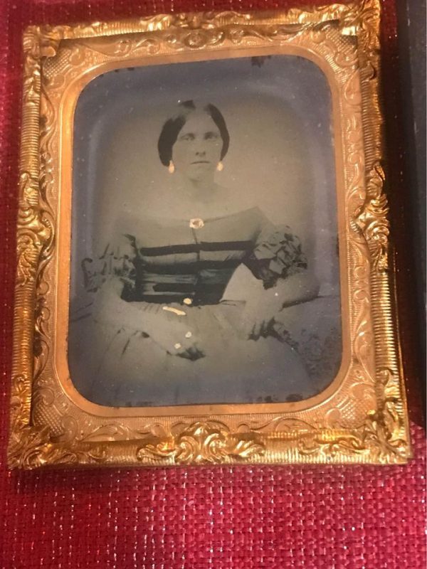 Ambrotype Identified Young Woman in Fancy Dress with Numerous Gold Accents & Gold Rings