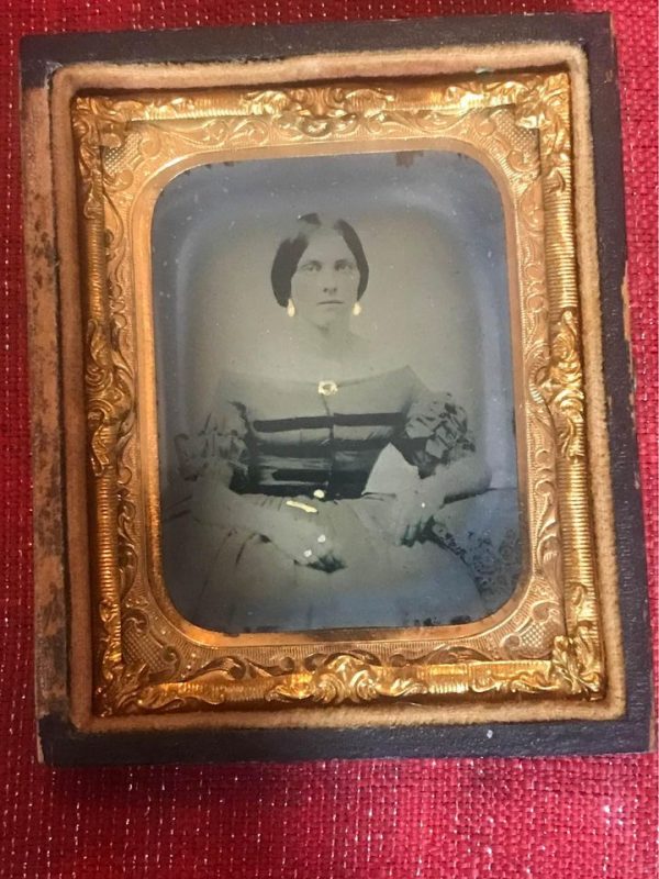 Ambrotype Identified Young Woman in Fancy Dress with Numerous Gold Accents & Gold Rings