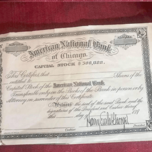 American National Bank Of Chicago Unissued Capital Stock Share Signed by Bank President