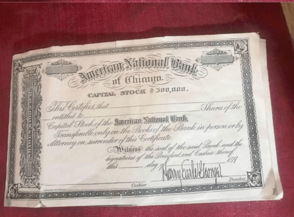 American National Bank Of Chicago Unissued Capital Stock Share Signed by Bank President