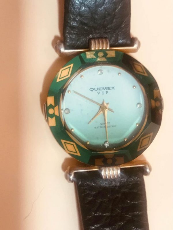 Quemex VIP Raised Crystal Round Gold Tone Case Black Leather Band Watch