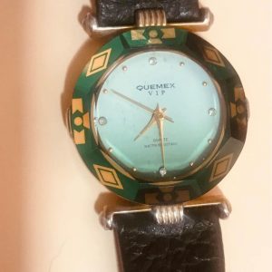 Quemex VIP Raised Crystal Round Gold Tone Case Black Leather Band Watch