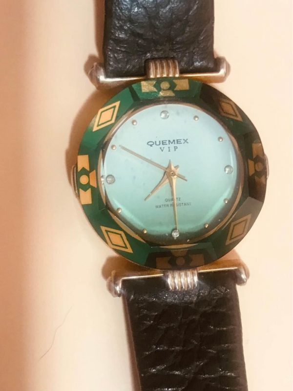 Quemex VIP Raised Crystal Round Gold Tone Case Black Leather Band Watch