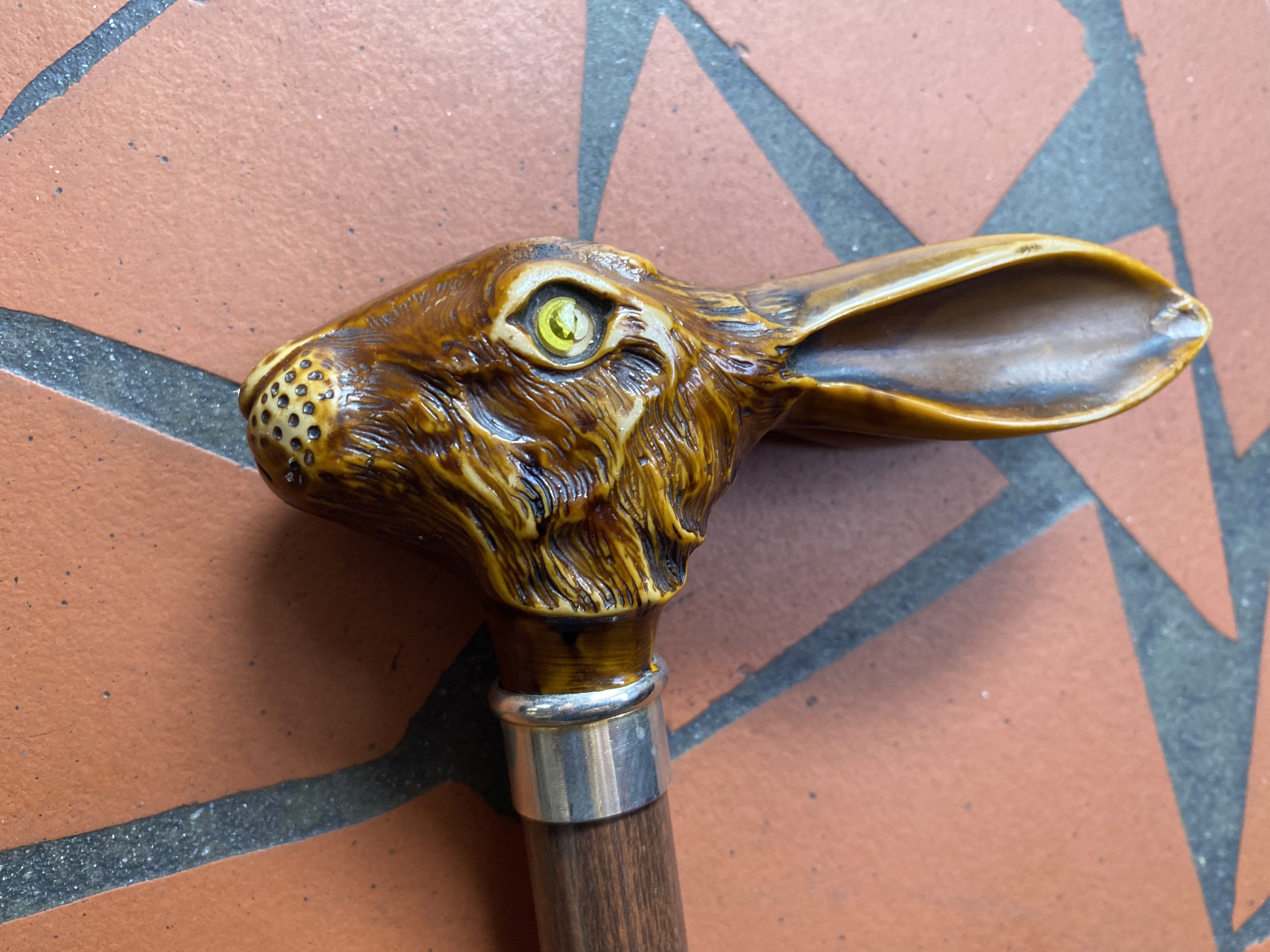 Hand Carved Wooden Cane W/ Rabbits Head